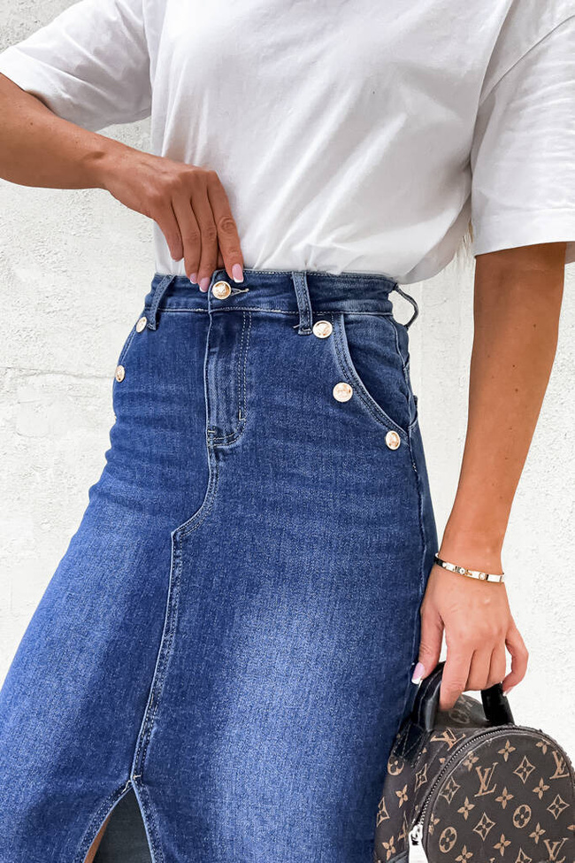 SPÓDNICA JEANSOWA PUSH UP Z ROZCIĘCIEM I ZŁOTYMI GUZIKAMI