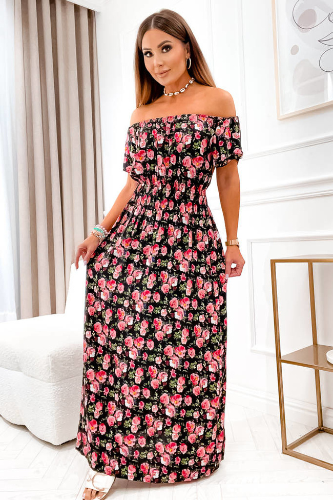 SUKIENKA HISZPANKA MAXI W KWIATY Z GUMĄ W PASIE- CZARNA