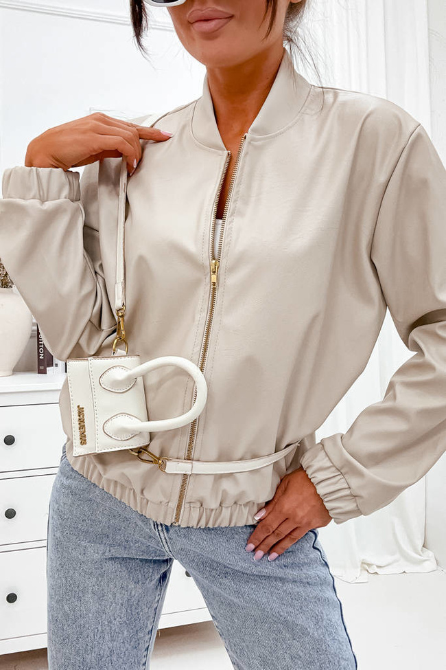 BLUZA SKAJKOWA Z ZAMKIEM I GUMĄ W PASIE- BEŻOWA