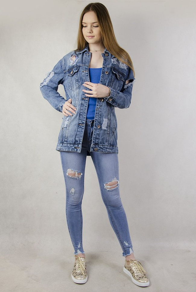 Kurtka jeansowa dłuższa z przetarciami