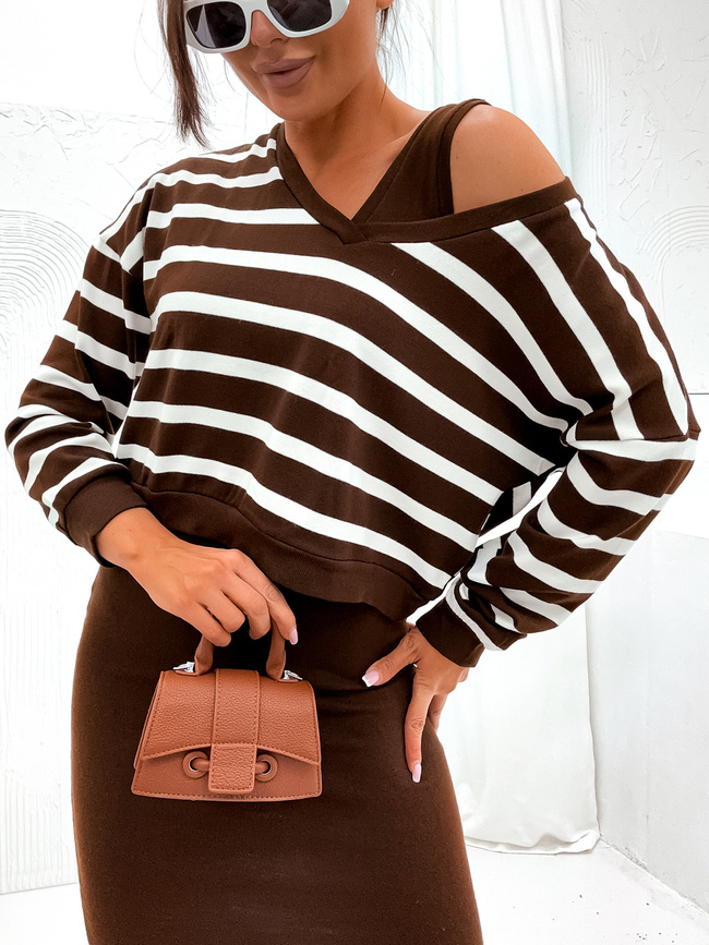 KOMPLET SUKIENKA+ BLUZKA W PASKI- CIEMNY BRĄZ