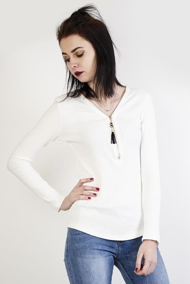 Biała prążkowana bluzka zapinana na zamek