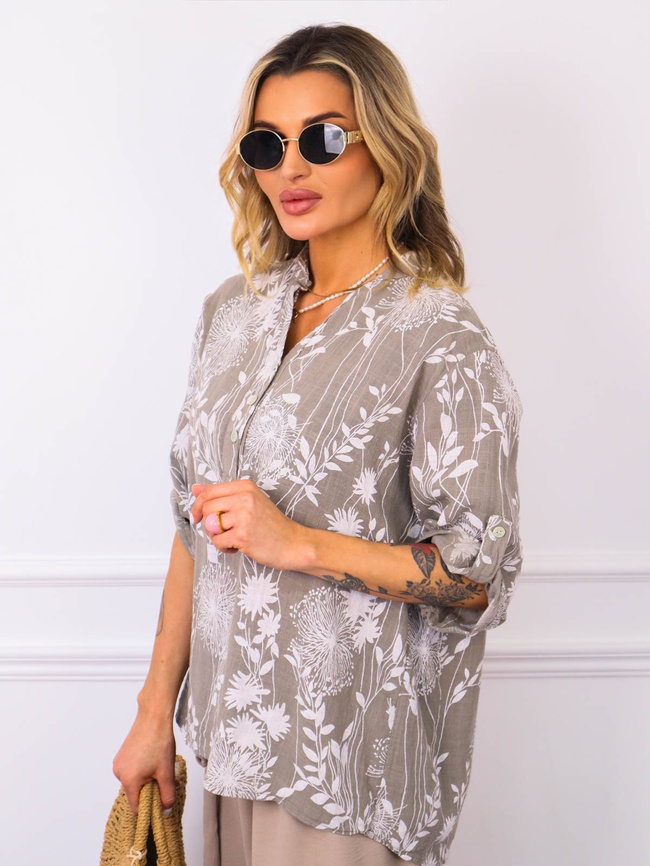 BLUZKA KOSZULOWA W KWIECISTE WZORY- SZARA
