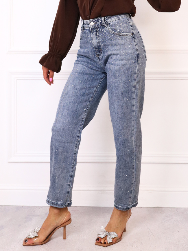 SPODNIE JEANSOWE MOM FIT ZDOBIONE CYRKONIAMI- NIEBIESKIE