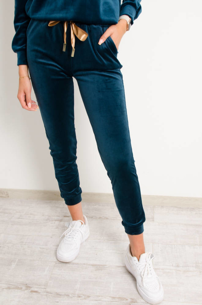 KOMPLET DRESOWY WELUROWY Z OZDOBNĄ NASZYWKĄ-  CIEMNY TURKUS