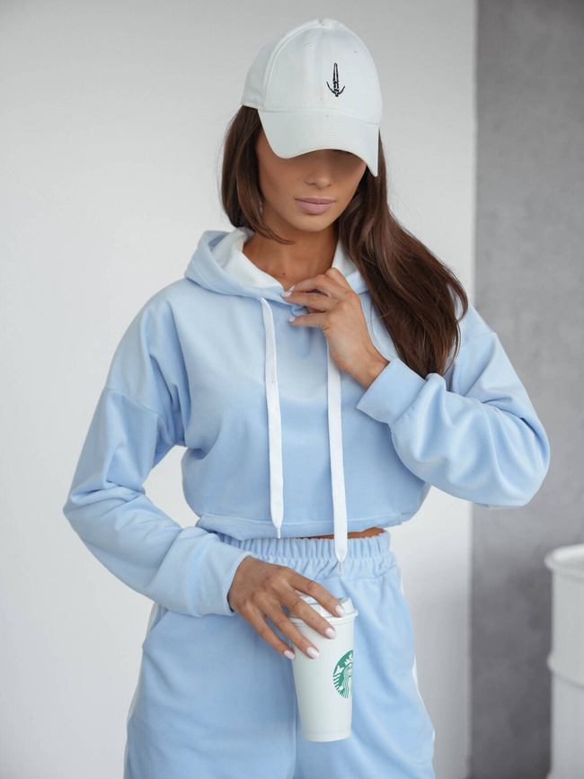 KOMPLET WELUROWY BLUZA+ SPODNIE Z KONTRASTOWYMI LAMPASAMI- NIEBIESKI