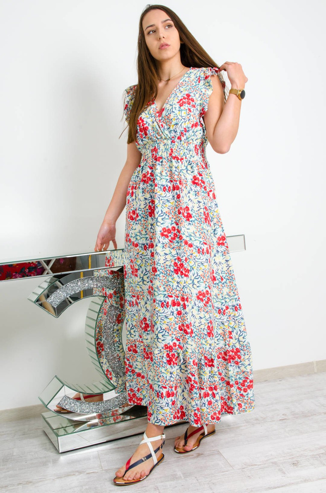 BIAŁA DŁUGA SUKIENKA W KWIATY Z KOPERTOWYM DEKOLTEM