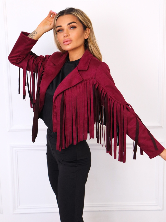 KURTKA Z IMITACJI ZAMSZU Z FRĘDZLAMI- BORDOWA