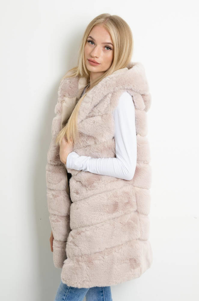 BEŻOWA FUTRZANA KAMIZELKA Z KAPTUREM