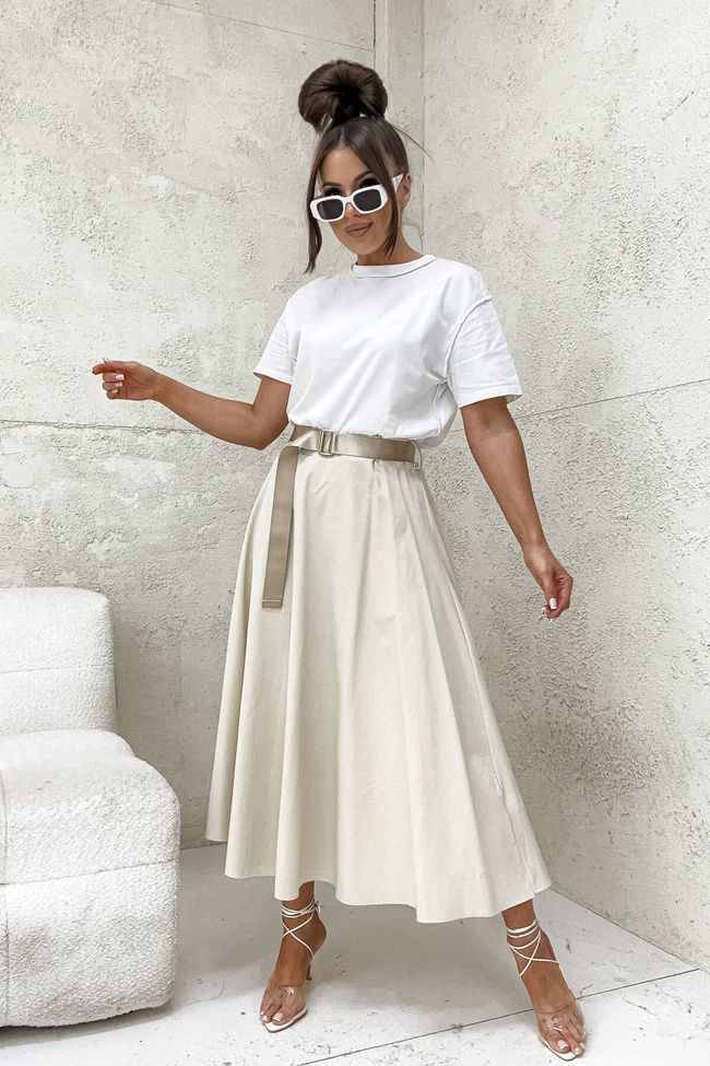 ROZKLOSZOWANA BAWEŁNIANA SPÓDNICA Z PASKIEM- BEŻOWA