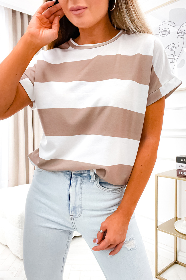 T-SHIRT OVERSIZE W PASKI- BRĄZOWY