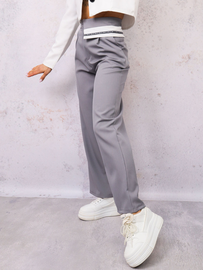 SPODNIE MATERIAŁOWE ELEGANCKIE Z MANKIETEM W PASIE- SZARE