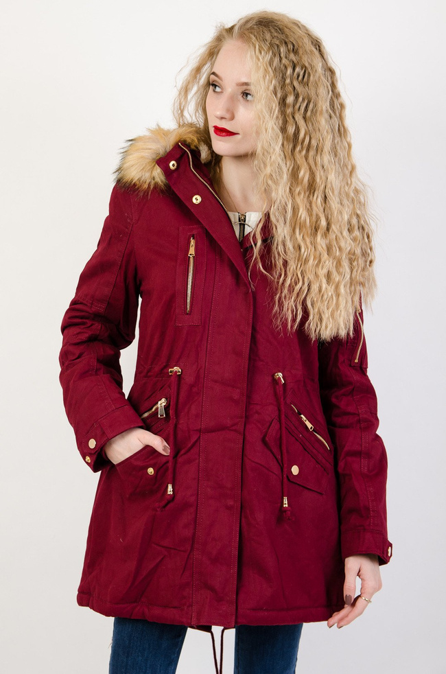 Bordowa asymetryczna kurtka ze złotymi zamkami 