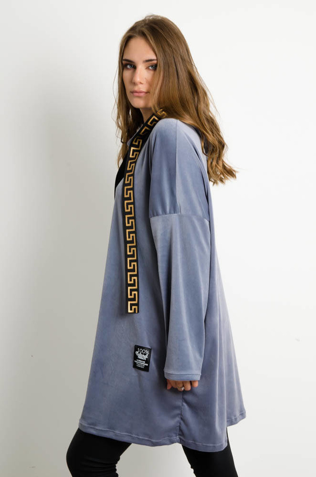 SZARA WELUROWA SUKIENKA Z KAPTUREM