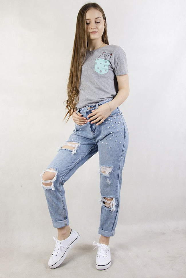 Spodnie jeansowe typu boyfriend z perełkami