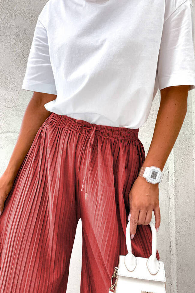 CEGLANE SPODNIE Z SZEROKIMI PLISOWANYMI NOGAWKAMI-WYSOKI STAN