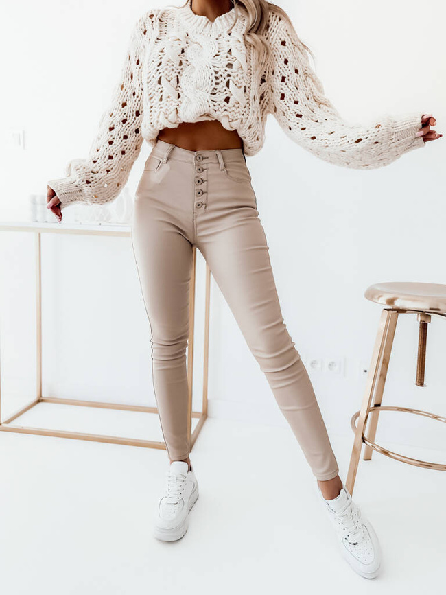 WOSKOWANE SPODNIE Z WYSOKIM STANEM I GUZIKAMI- BEŻOWY