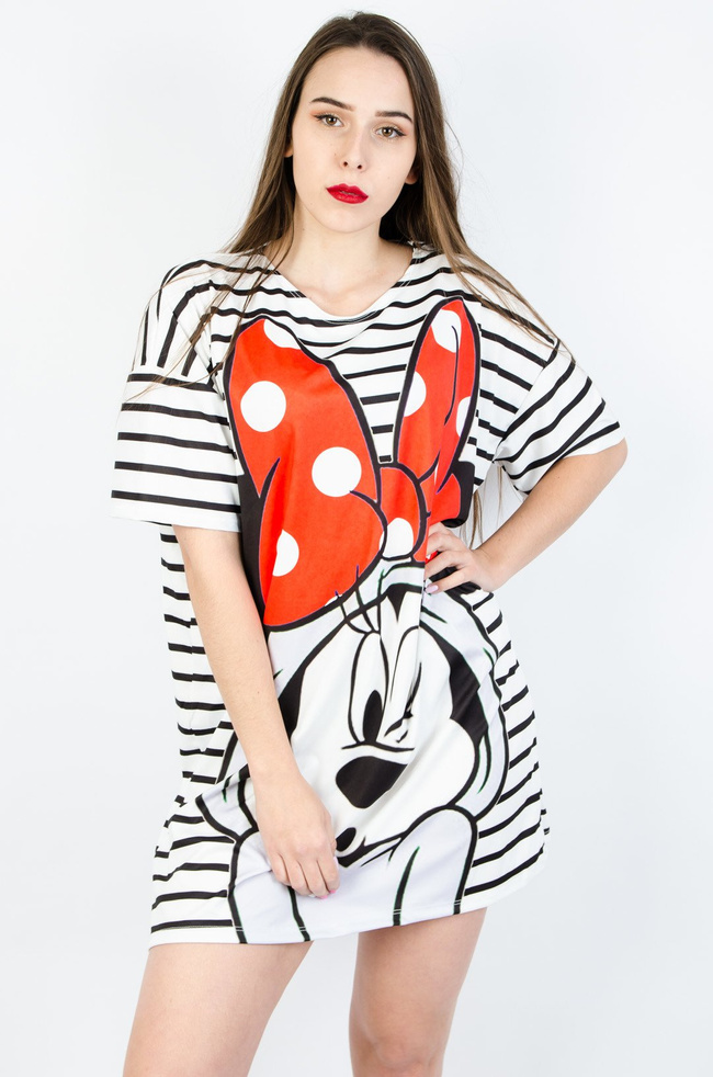 BIAŁA TUNIKA W PASKI Z APLIKACJĄ-CZERWONA KOKARDA