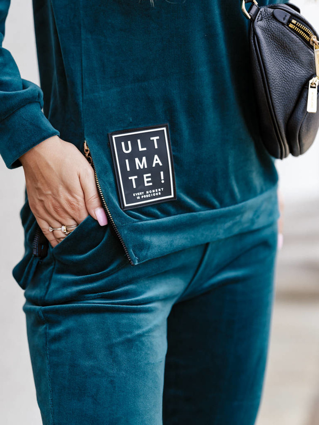 WELUROWY KOMPLET BLUZA Z ZAMKIEM I NASZYWKĄ + SPODNIE- BUTELKOWA ZIELEŃ