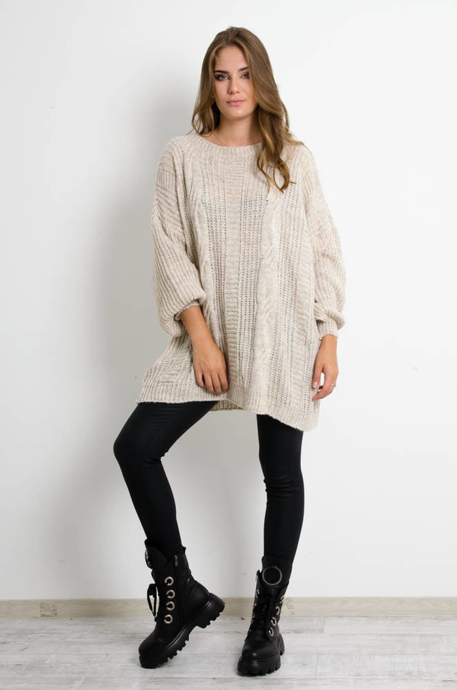 BEŻOWY SWETER Z BUFIASTYMI RĘKAWAMI