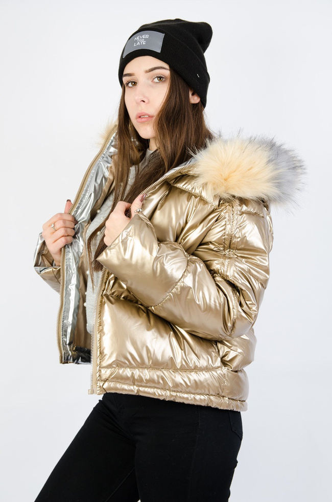 Złota metaliczna bomberka z dwukolorowym futerkiem