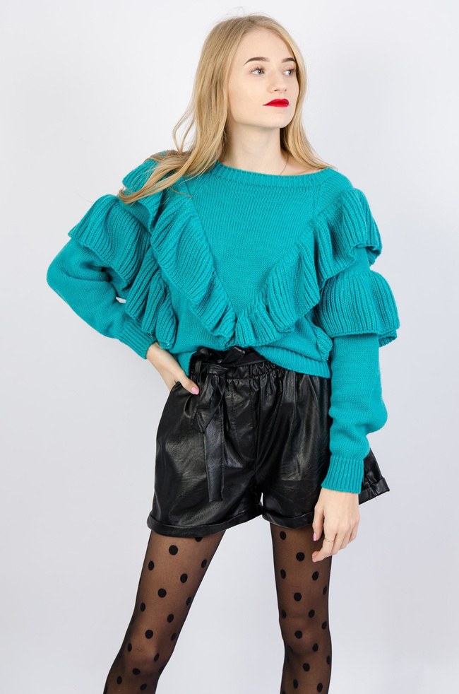 TURKUSOWY SWETER Z FALBANAMI