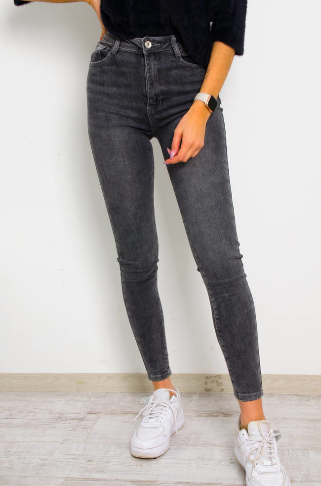 SZARE SPODNIE JEANSOWE PUSH UP Z PRZETARCIAMI- BARDZO WYSOKI STAN 