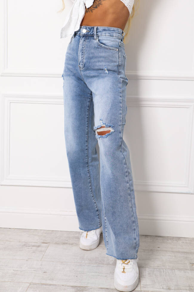 SZEROKIE SPODNIE JENASOWE Z DZIURA I SUROWĄ NOGAWKĄ