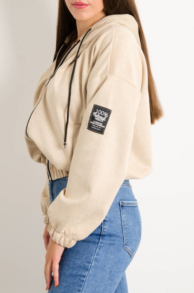 BEŻOWA BLUZA OVERSIZE ZAPINANA NA ZAMEK Z NASZYWKĄ- IMITACJA ZAMSZU