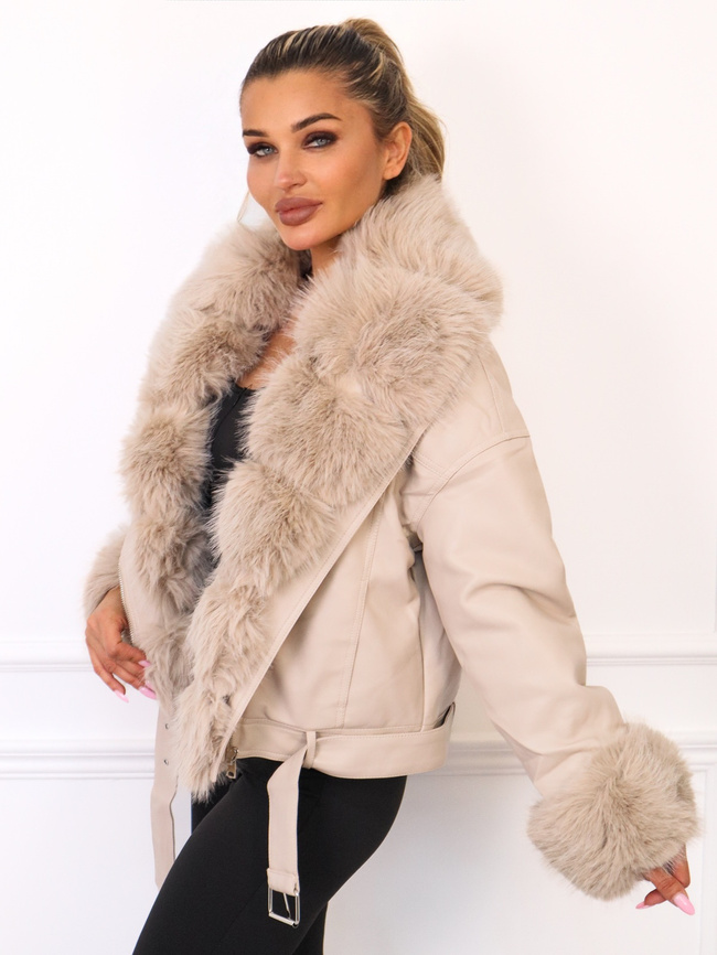KURTKA RAMONESKA Z IMITACJI SKÓRY Z FUTERKIEM- BEŻOWA