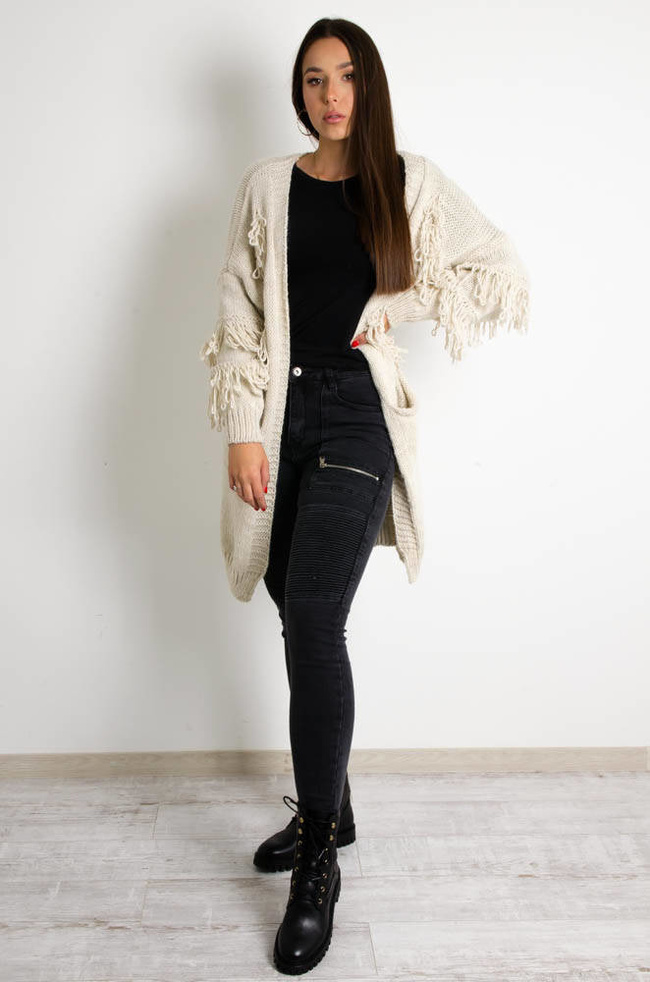 BEŻOWY SWETER KARDIGAN Z FRĘDZLAMI