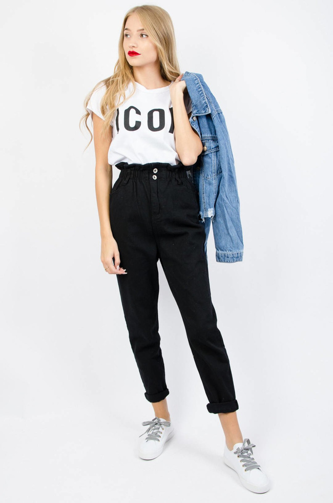 CZARNE SPODNIE MOM JEANS Z GUMĄ W PASIE-WYSOKI STAN