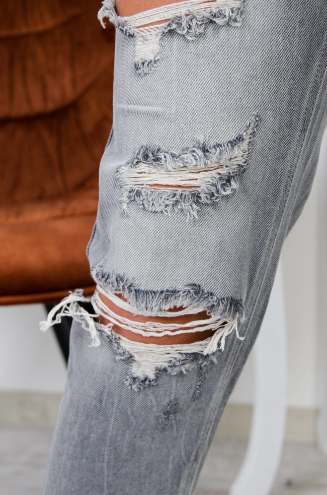 SZARE JEANSY MOM FIT Z DZIURAMI -WYSOKI STAN