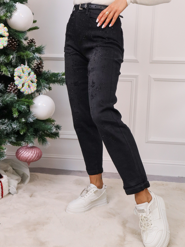 SPODNIE JEANSOWE MOM FIT Z PRZETARCIAMI I CEKINAMI-CZARNE