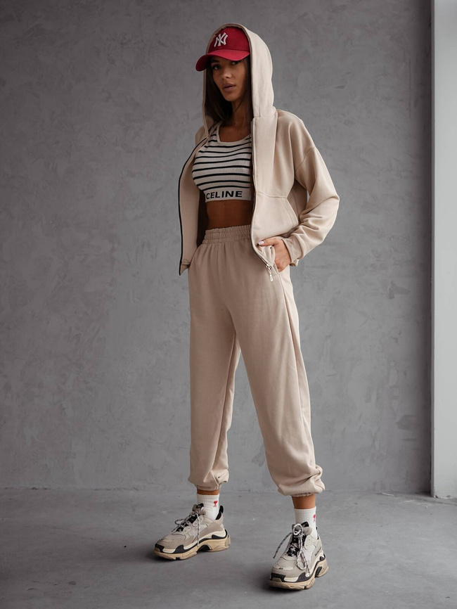 BAWEŁNIANY KOMPLET DRESOWY BLUZA ROZPINANA+ SPODNIE- BEŻOWY