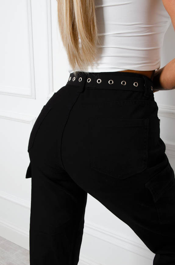 SPODNIE JEANSOWE MOM FIT BOJÓWKI + PASEK - CZARNE