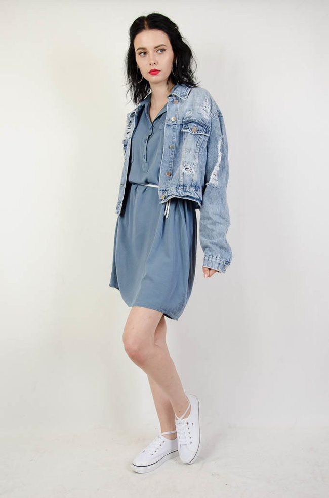 NIEBIESKA SUKIENKA SZMIZJERKA WIĄZANA W PASIE