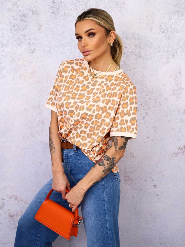 T-SHIRT W KOLOROWE CĘTKI- BEŻOWY