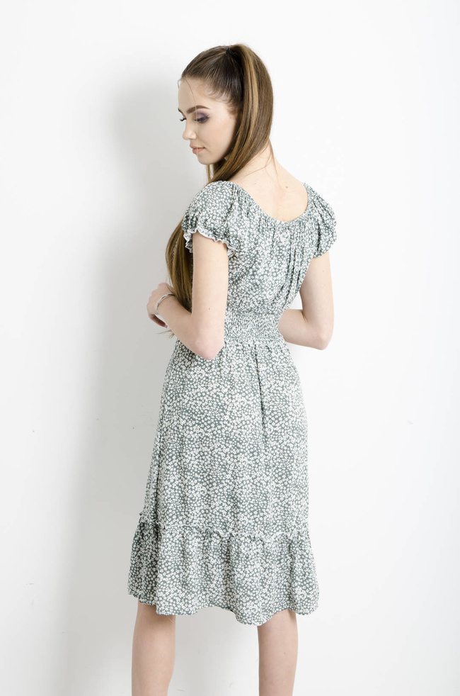 SUKIENKA W KWIATKI Z FALBANKAMI I WIĄZANIEM- ZIELONA