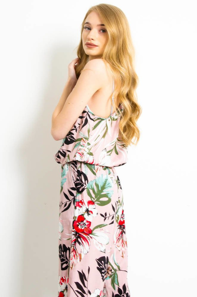 DŁUGI KOMBINEZON NA CIENKICH RAMIĄCZKACH W KWIATY - RÓŻOWY