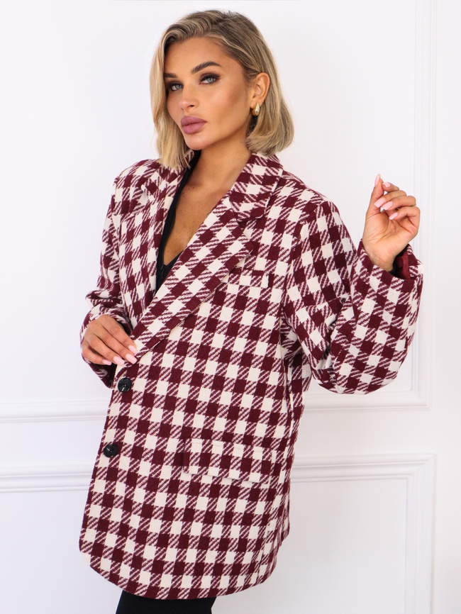 PŁASZCZ MARYNARKA W KRATKĘ ZAPINANY NA GUZIKI- BORDOWY