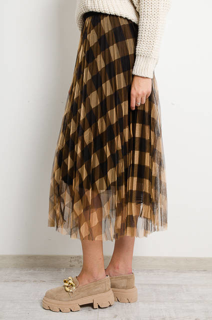 BRĄZOWA SPÓDNICA TIULOWA W KRATĘ 