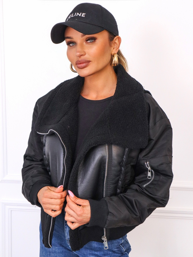 KURTKA BOMBERKA ZE WSTAWKAMI Z IMITACJI SKÓRY- CZARNA