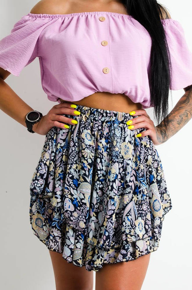 GRANATOWA ROZKLOSZOWANA ZWIEWNA SPÓDNICA W KWIATY