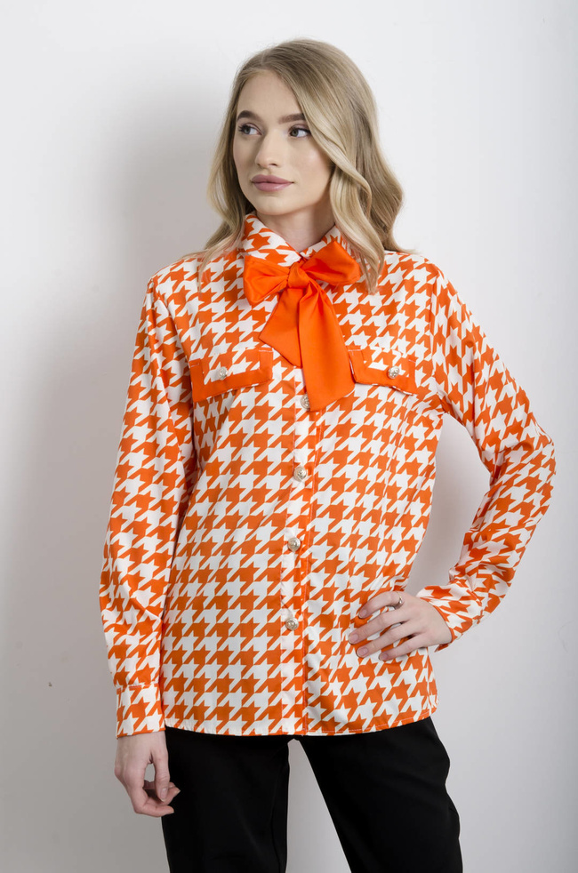 KOSZULA W PEPITKĘ Z WIĄZANIEM- POMARAŃCZOWA