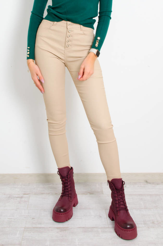 SPODNIE WOSKOWANE Z WYSOKIM STANEM I GUZIKAMI- BEŻOWE