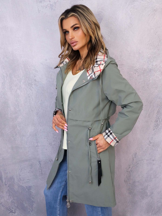 KURTKA PARKA Z KAPTUREM W KRATĘ- ZIELONA
