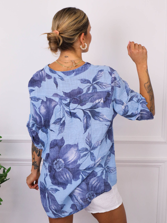 KOSZULA WZORZYSTA Z LNEM- NIEBIESKA