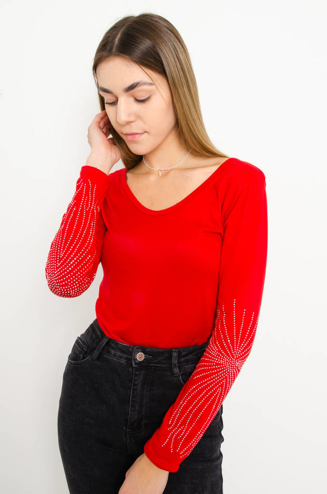 BLUZKA Z OZDOBNYMI CYRKONIAMI NA RĘKAWACH- CZERWONA