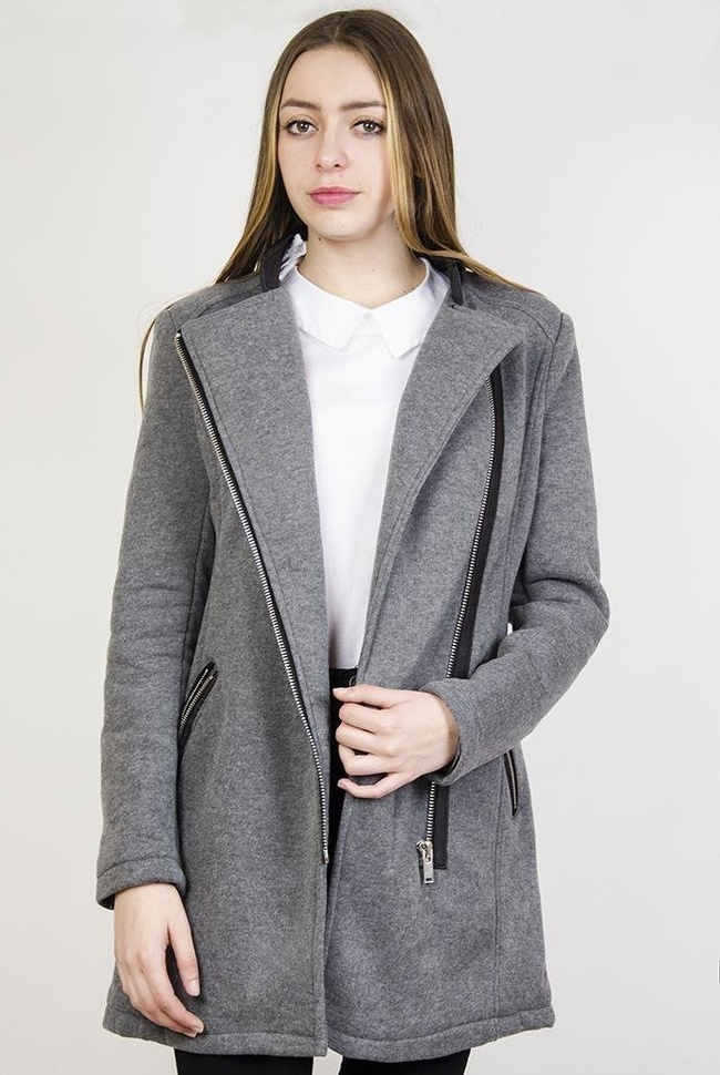 Ciemno-szary płaszcz wiosenny ze skórkowymi wstawkami
